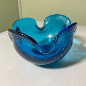 Vintage Kreiss Art Glass Bowl: Blue Bubble Glass Candy Dish